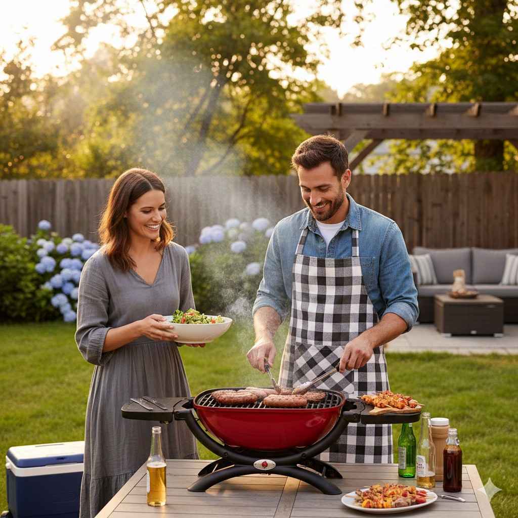 Couple Grilling Outdoors With The Weber Q1200