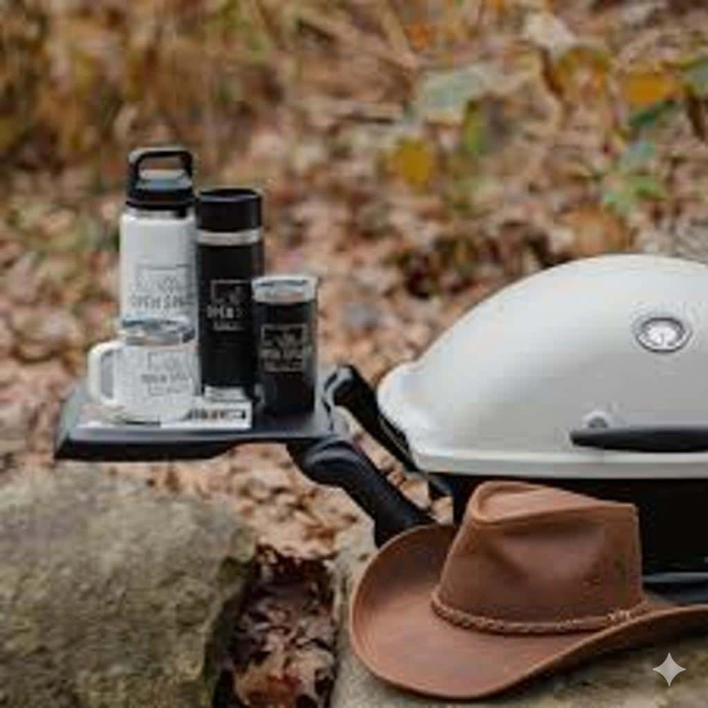 Weber Grill With Coffee Mugs And Cowboy Hat