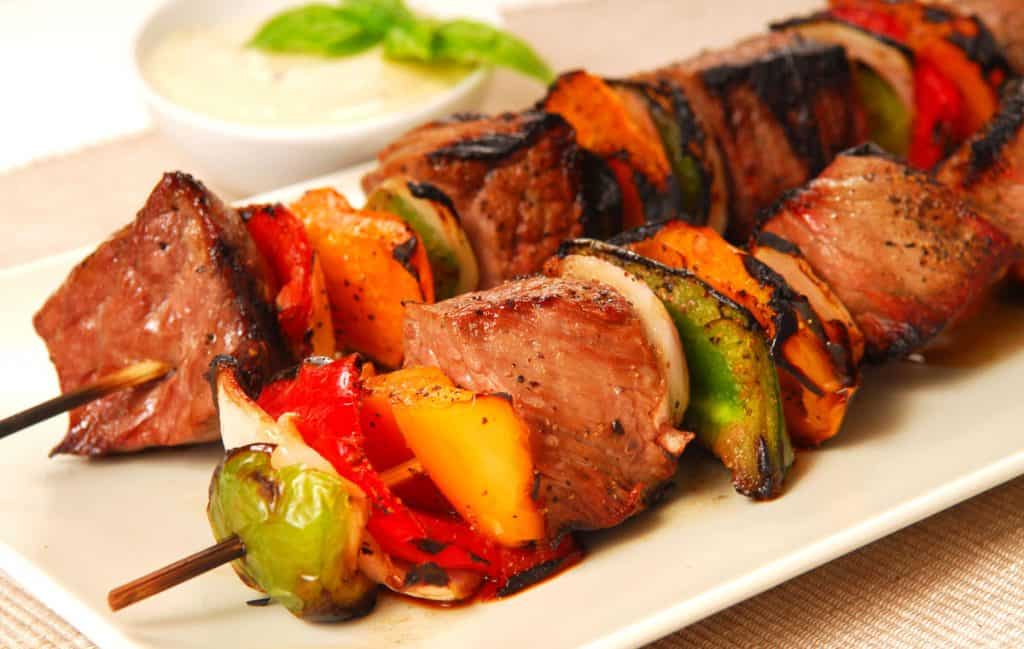 freshly grilled shish kabobs with a horseradish dipping sauce