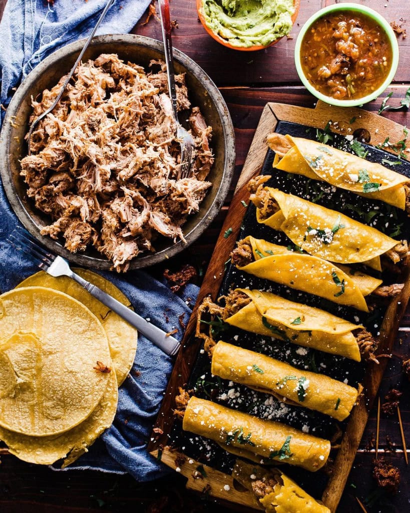 Cheesy Pulled Pork Taquitos with Chipotle Ranch Dressing
