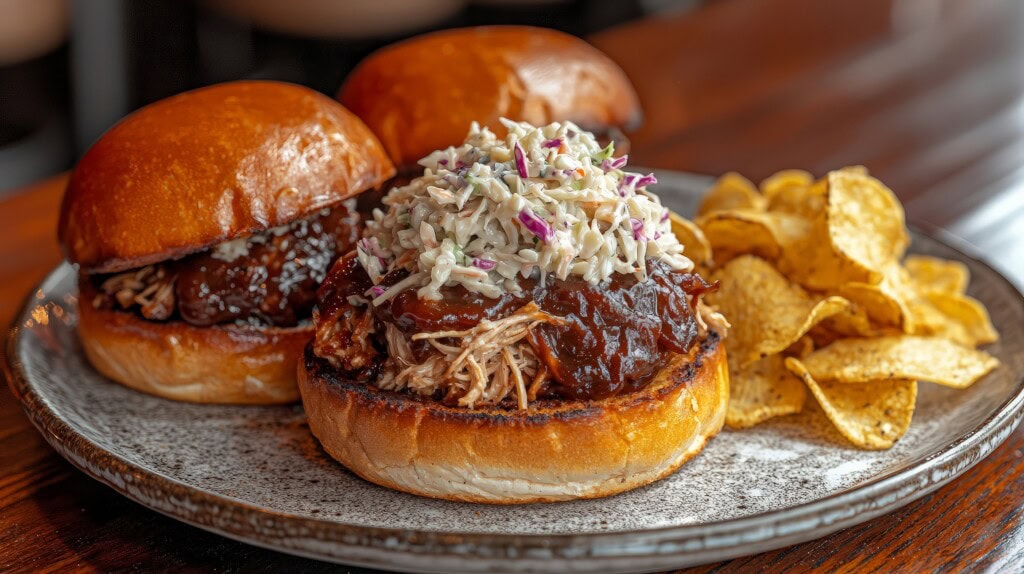 Pulled pork sandwich topped with barbecue sauce and creamy coleslaw on a toasted bun, served with a side of potato chips on a rustic plate.