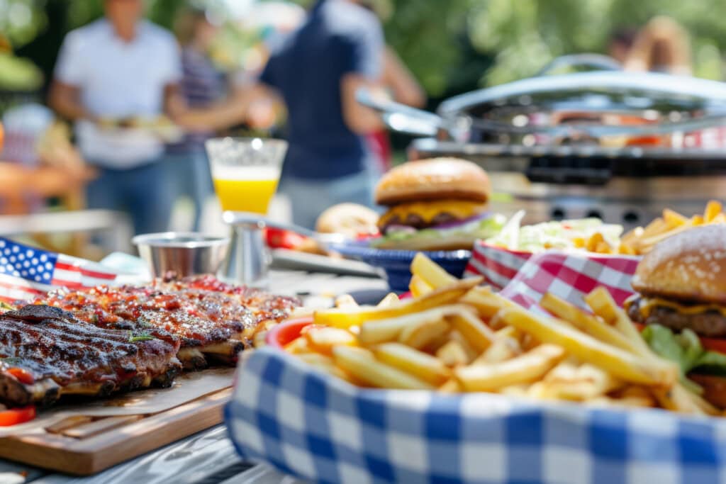 Outdoor Labor Day barbecue table with ribs, burgers, French fries, and drinks, with people socializing in the background.