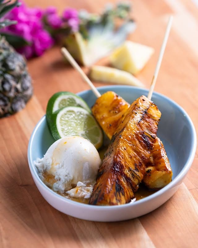 Pineapple Bbq Pork Skewers Recipe: Sweet And Smoky Perfection 2 Skewered Pineapple With Lemon Slices And Ice Cream