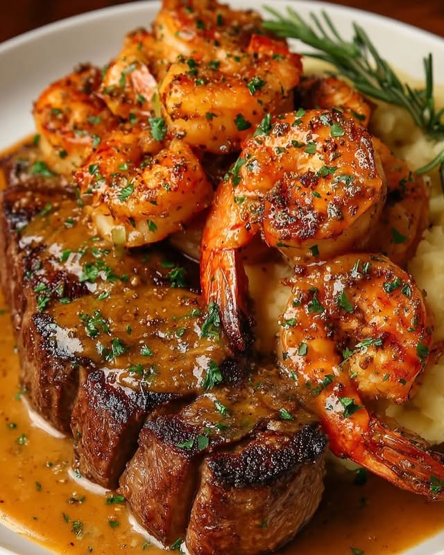 Surf And Turf Steak With Garlic Butter Shrimp