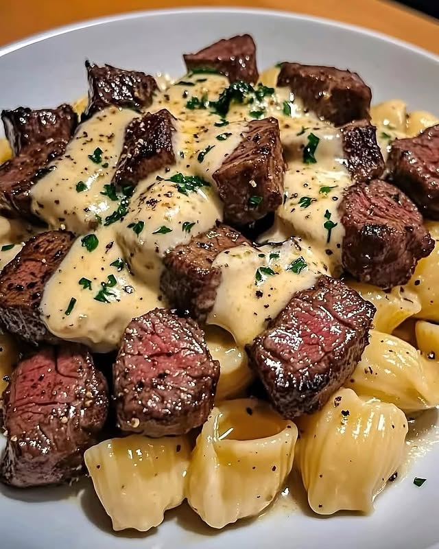 Creamy Herb Shells With Savory Garlic Steak Bites