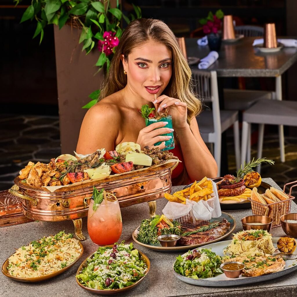 Epic Mediterranean Diet Feast With Girl Sipping Wine