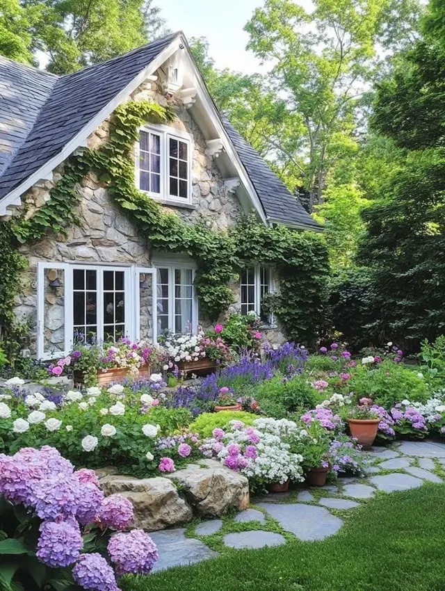 Garden Pathways With Rustic House And Flower Garden