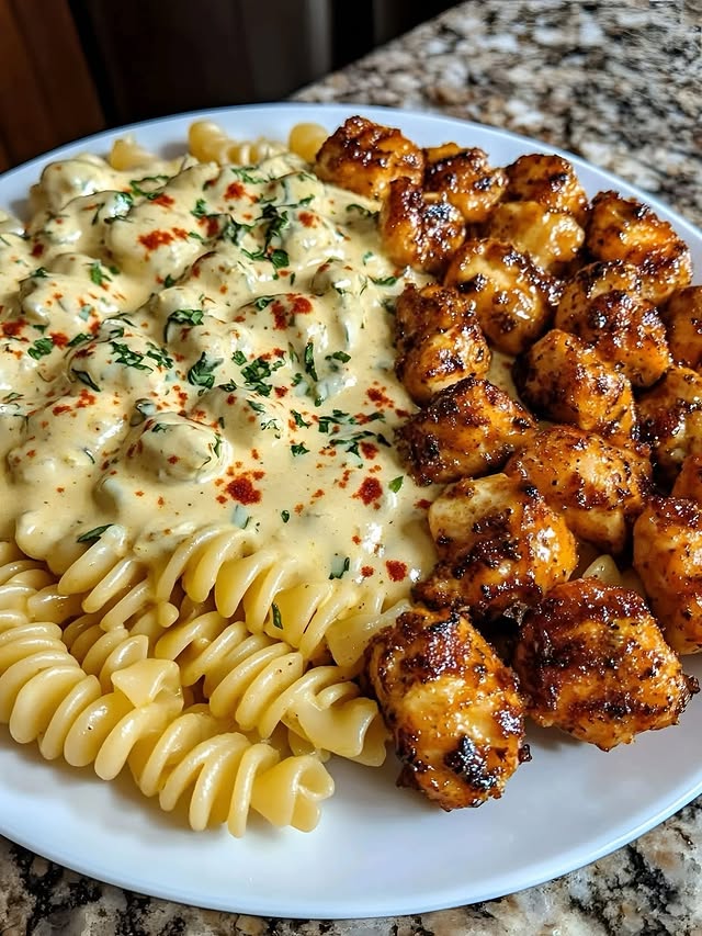 Garlic Butter Chicken Bites And Spicy Cajun Alfredo Twisted Pasta