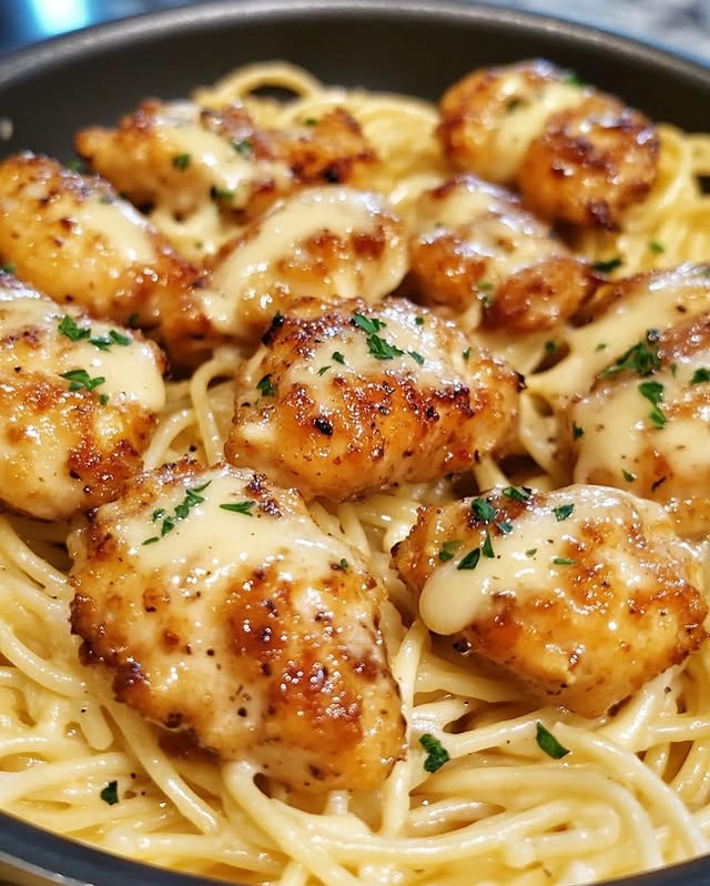 Garlic Butter Chicken Bites With Creamy Parmesan Pasta
