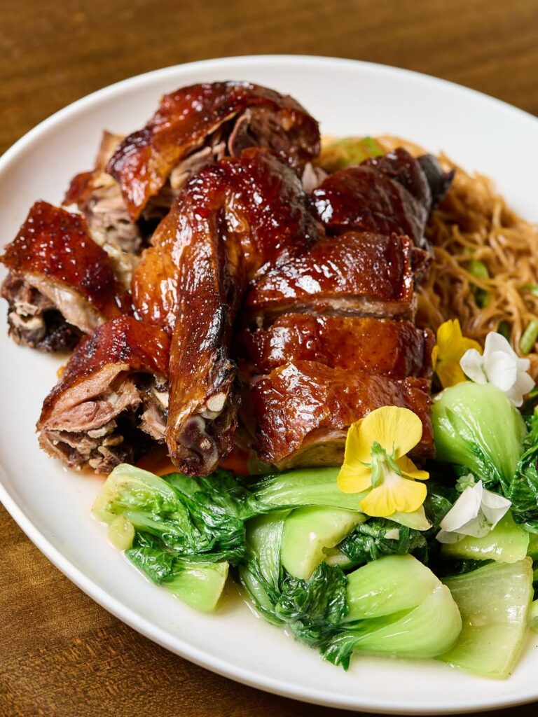 Elegant Grilled Duck Recipe With Citrus Marinade 2 Grilled Crispy Duck With Classic Hong Kong Style Lo Mein And Baby Bok Choy