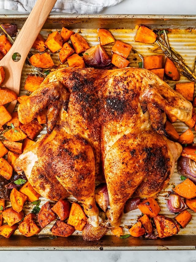 sheet pan spatchcock chicken with sweet potatoes