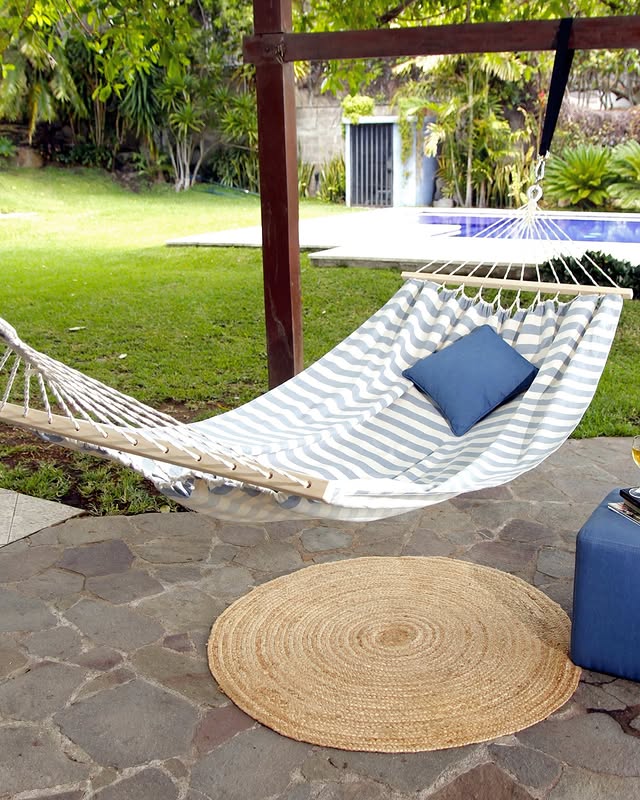 White And Blue Hammock For Outdoor Backyard