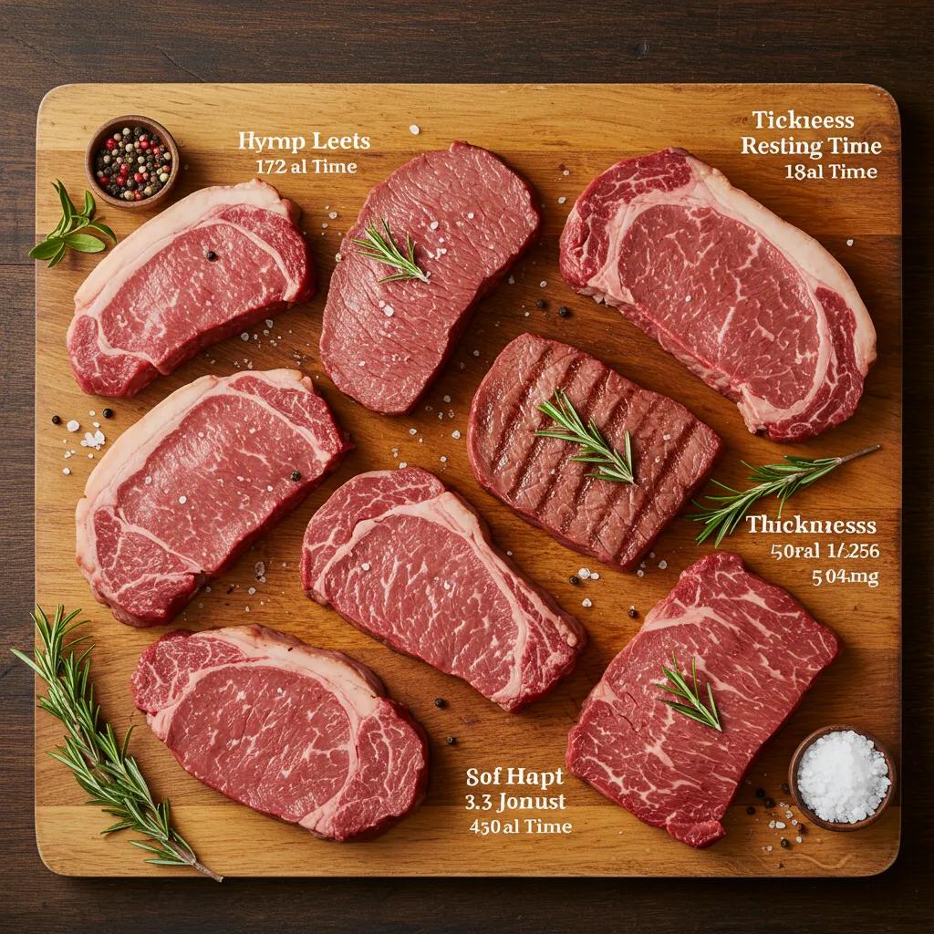 Common Errors In Steak Resting You Must Avoid 2 Artistic Display Of Different Steak Cuts With Thickness And Resting Time, Emphasizing Ideal Cooking Practices