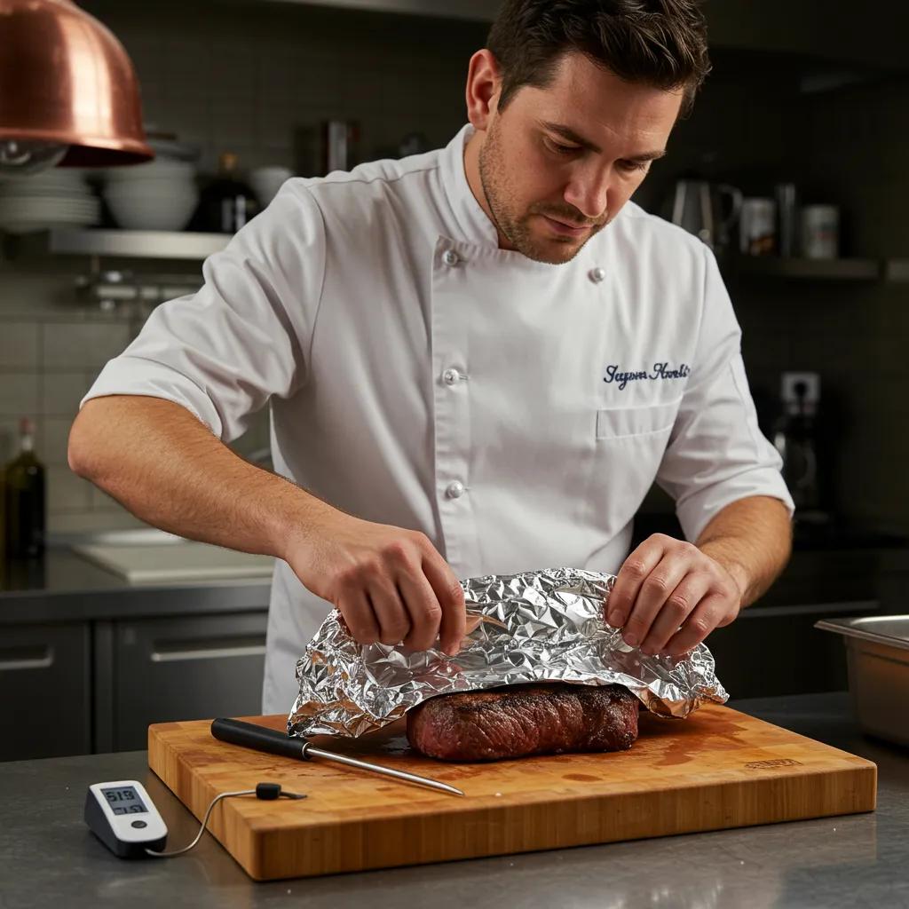 How Long To Rest Steak For Maximum Flavor? 2 Chef Tenting A Steak With Foil On A Cutting Board, Demonstrating Proper Resting Techniques For Optimal Flavor