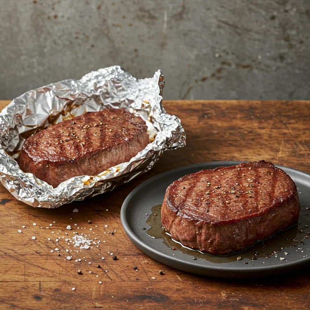 Common Errors In Steak Resting You Must Avoid 1 Comparison Of Steak Resting Methods: One Loosely Tented With Foil And One Uncovered, Showcasing Texture Differences