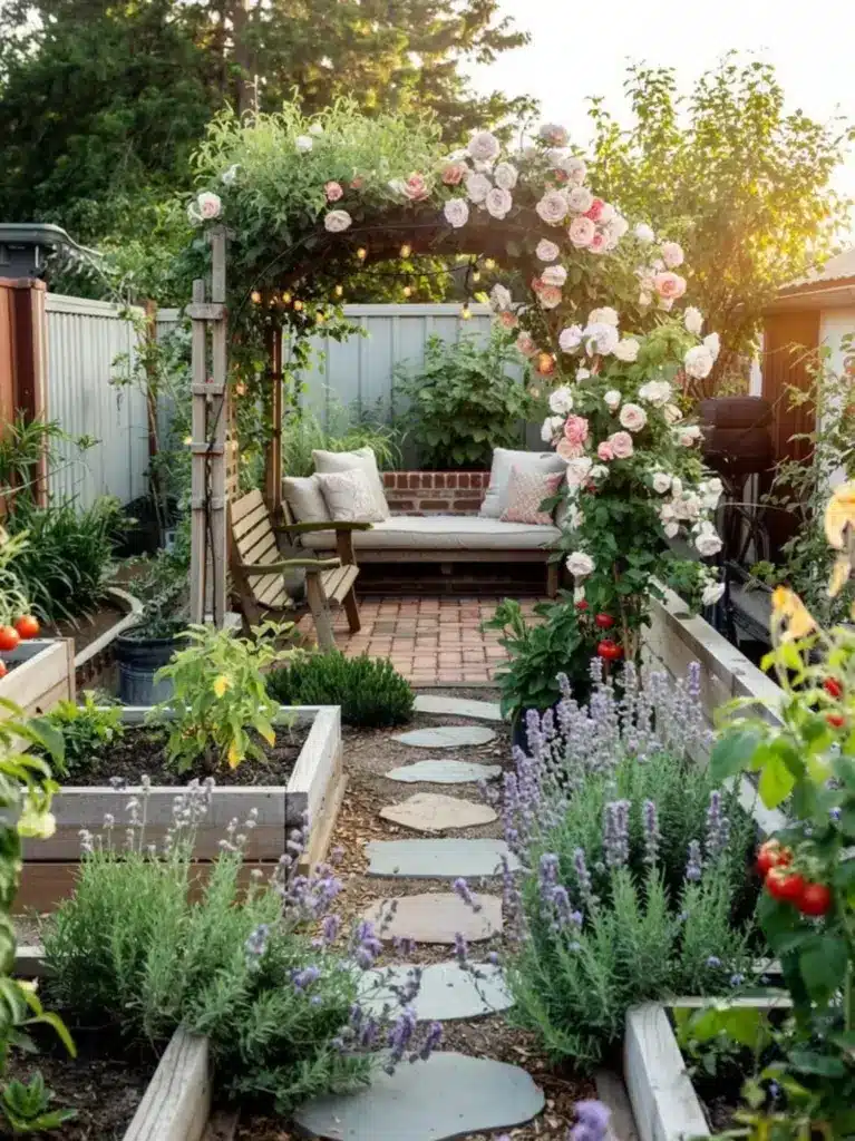 Garden And Lounge Area Of A Rustic Outdoor Kitchen