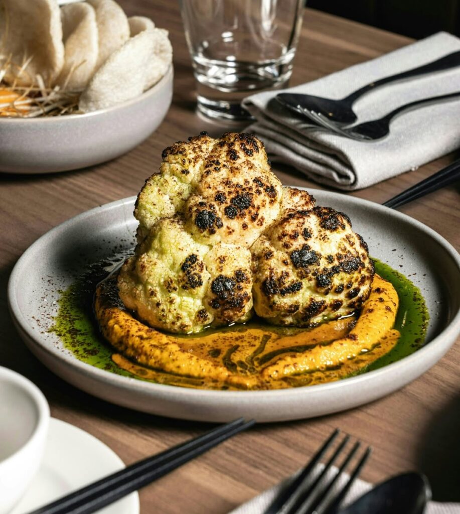 Grilled Cauliflower Wedges With Herb Tarator 3 Grilled Cauliflower On A Dinner Plate Fine Dining Restaurant