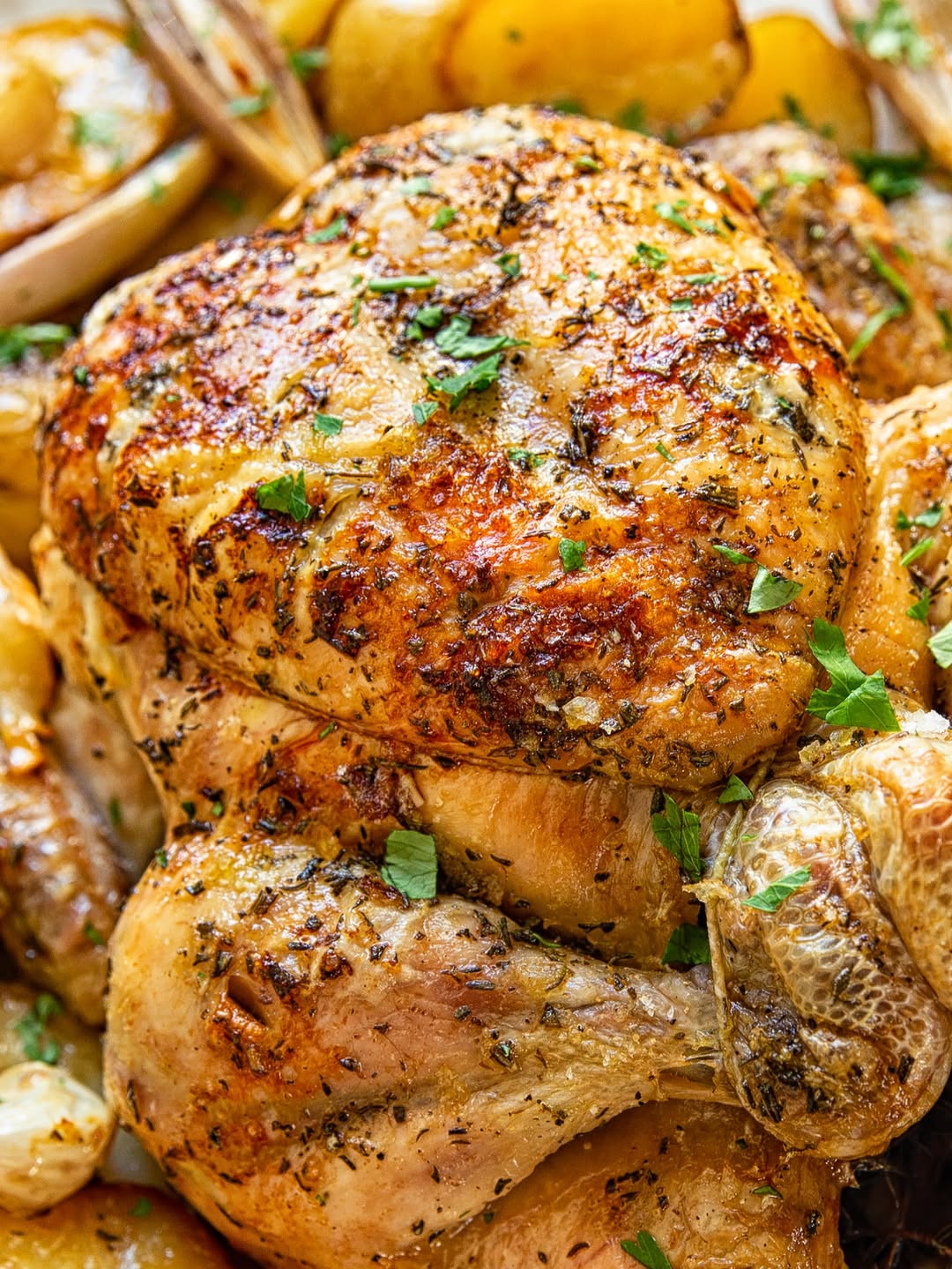 herb infused rosemary and thyme chicken with roasted potatoes