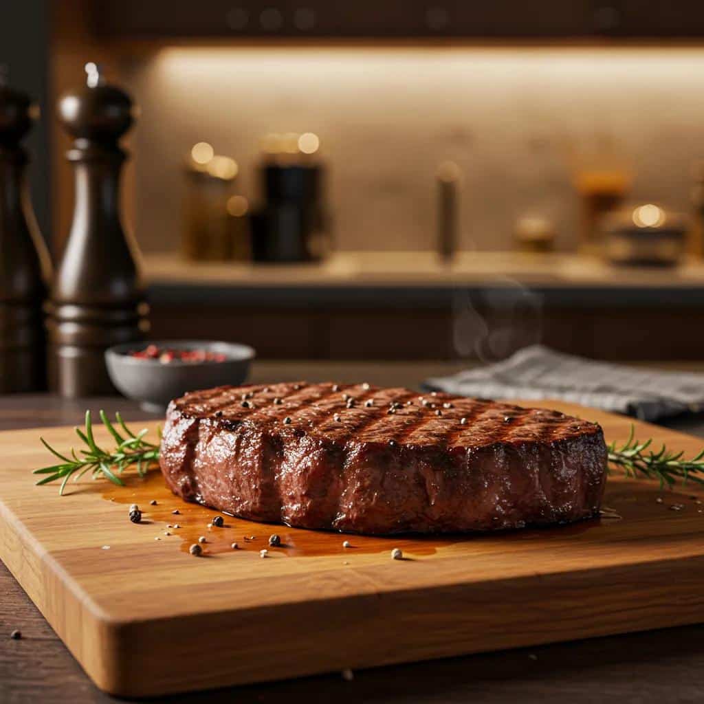 Juicy steak resting on a cutting board in a warm kitchen, highlighting the importance of resting for flavor and texture