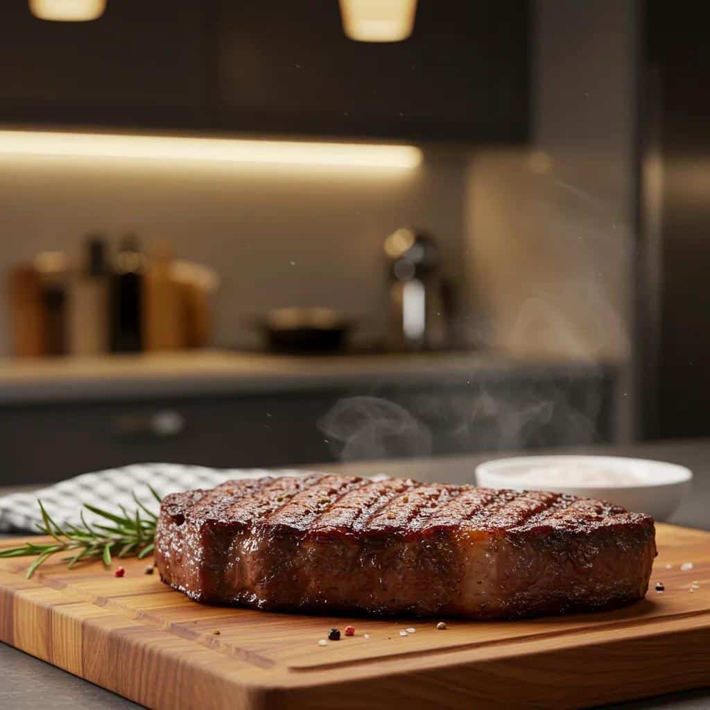 Juicy steak resting on a cutting board in a warm kitchen setting