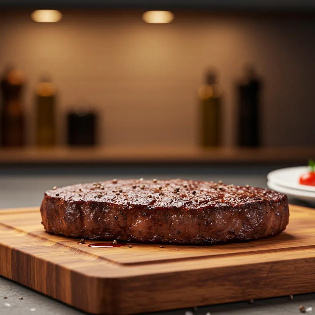 Juicy steak resting on a cutting board in a warm kitchen setting