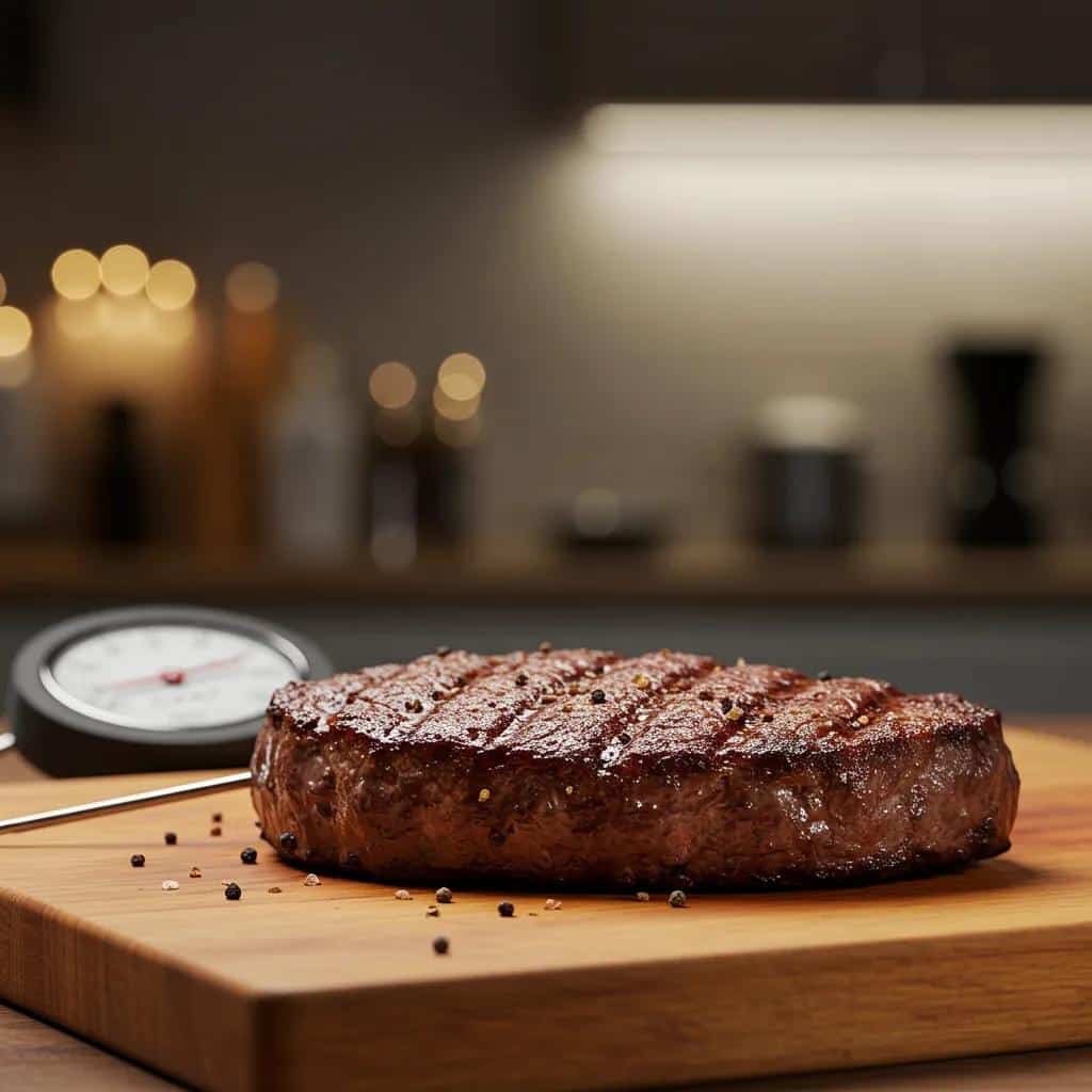 Juicy steak resting on a cutting board with a meat thermometer, emphasizing the importance of resting for juiciness