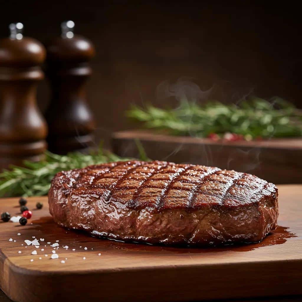 Juicy steak resting on a cutting board with herbs in a rustic kitchen