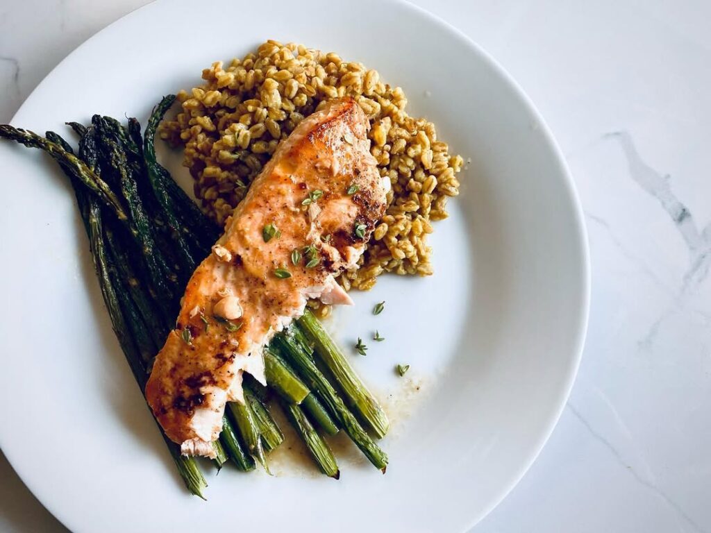 Maple Dijon Roasted Salmon With Asparagus And Cherry Tomatoes
