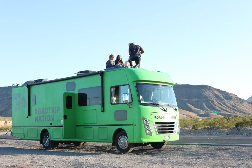 Mint Green Rv Trailer On The Open Road