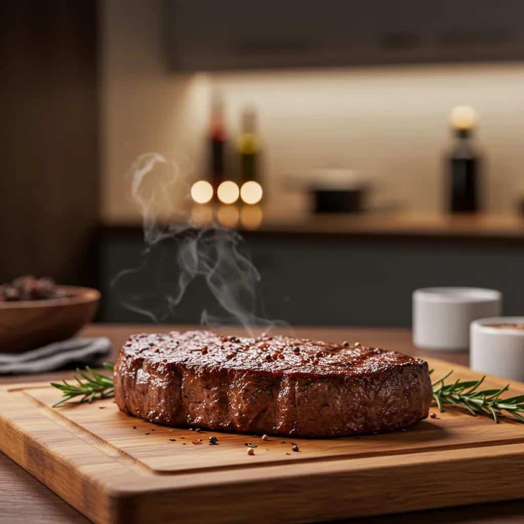 Perfectly cooked steak resting on a cutting board, showcasing its juicy texture and inviting kitchen ambiance