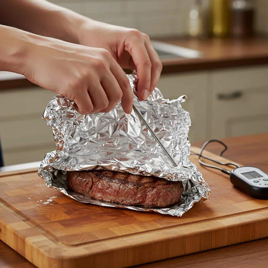 Steak Being Tented With Foil On A Cutting Board, Illustrating Proper Resting Techniques For Maximum Juiciness