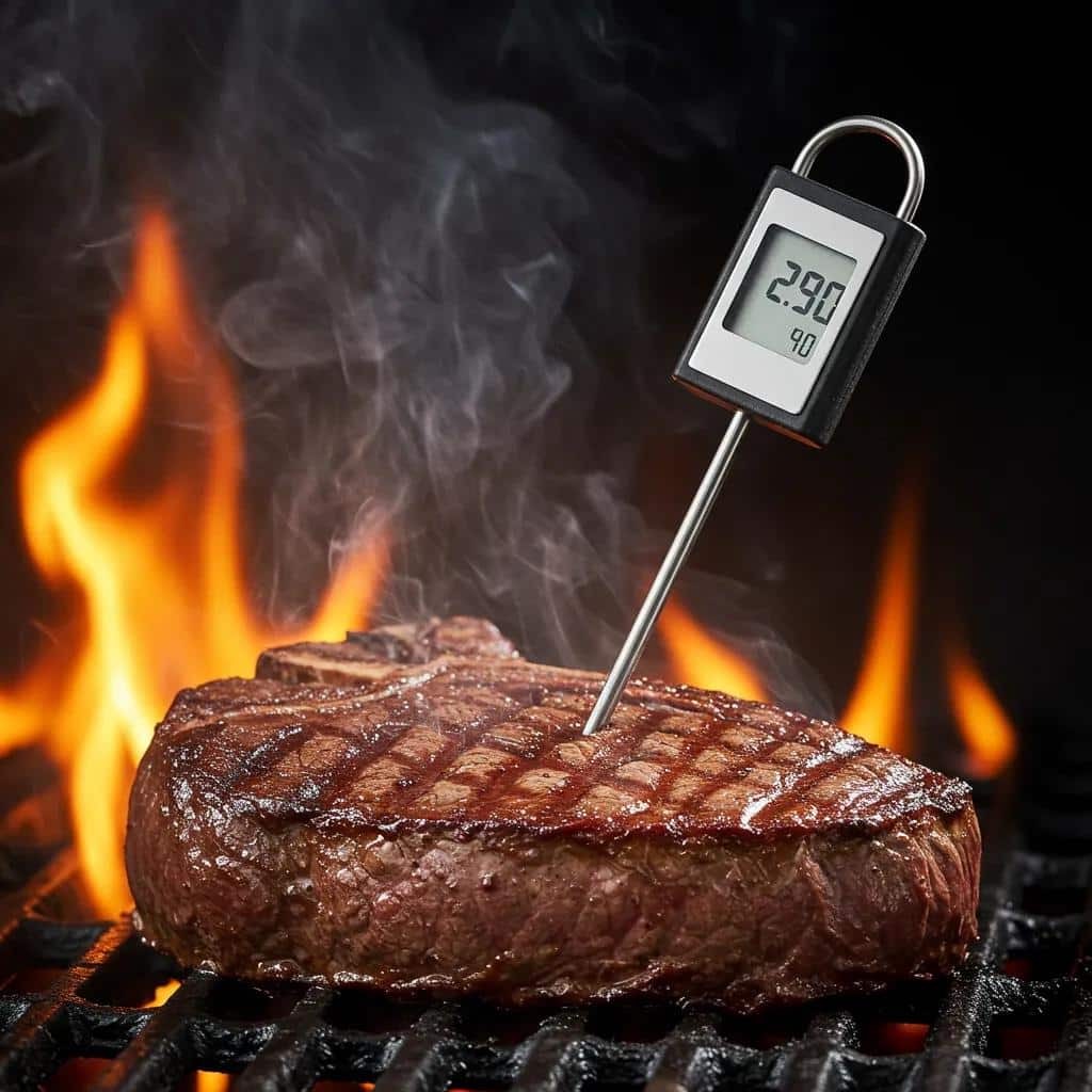 Thick Steak On A Grill With Steam Rising, Illustrating The Concept Of Carryover Cooking And Temperature Rise