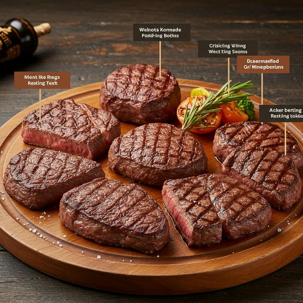 Various Steak Cuts On A Platter With Recommended Resting Times