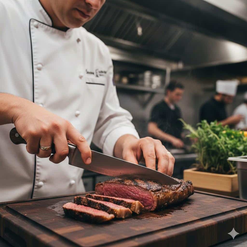 Sear It, Serve It, Love It: New York Strip Steak Made Easy 3 Chef Slicing Against The Grain Of A New York Strip Steak
