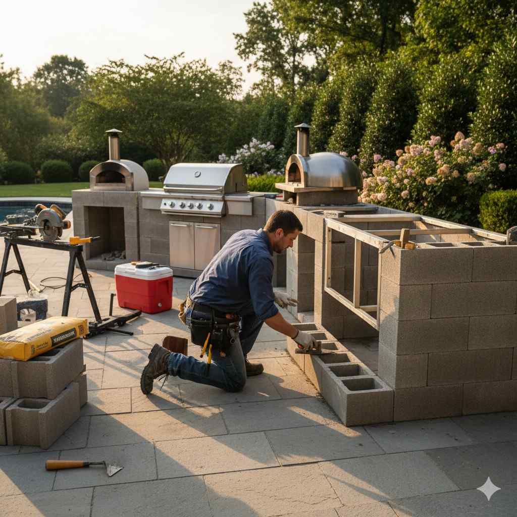 contractor building an outdoor kitchen