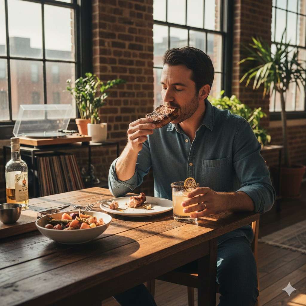Bbq + Drink Pairings (15 Selections): What Drinks Go Well With Different Bbq Dishes 1 Man Eating Pork Chops And Drinking Margarita