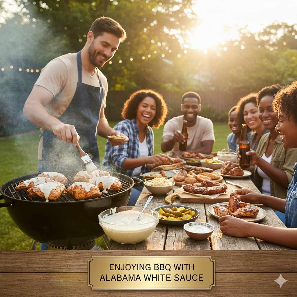 People Enjoying Grilling And Using Alabama White Sauce On Their Bbq