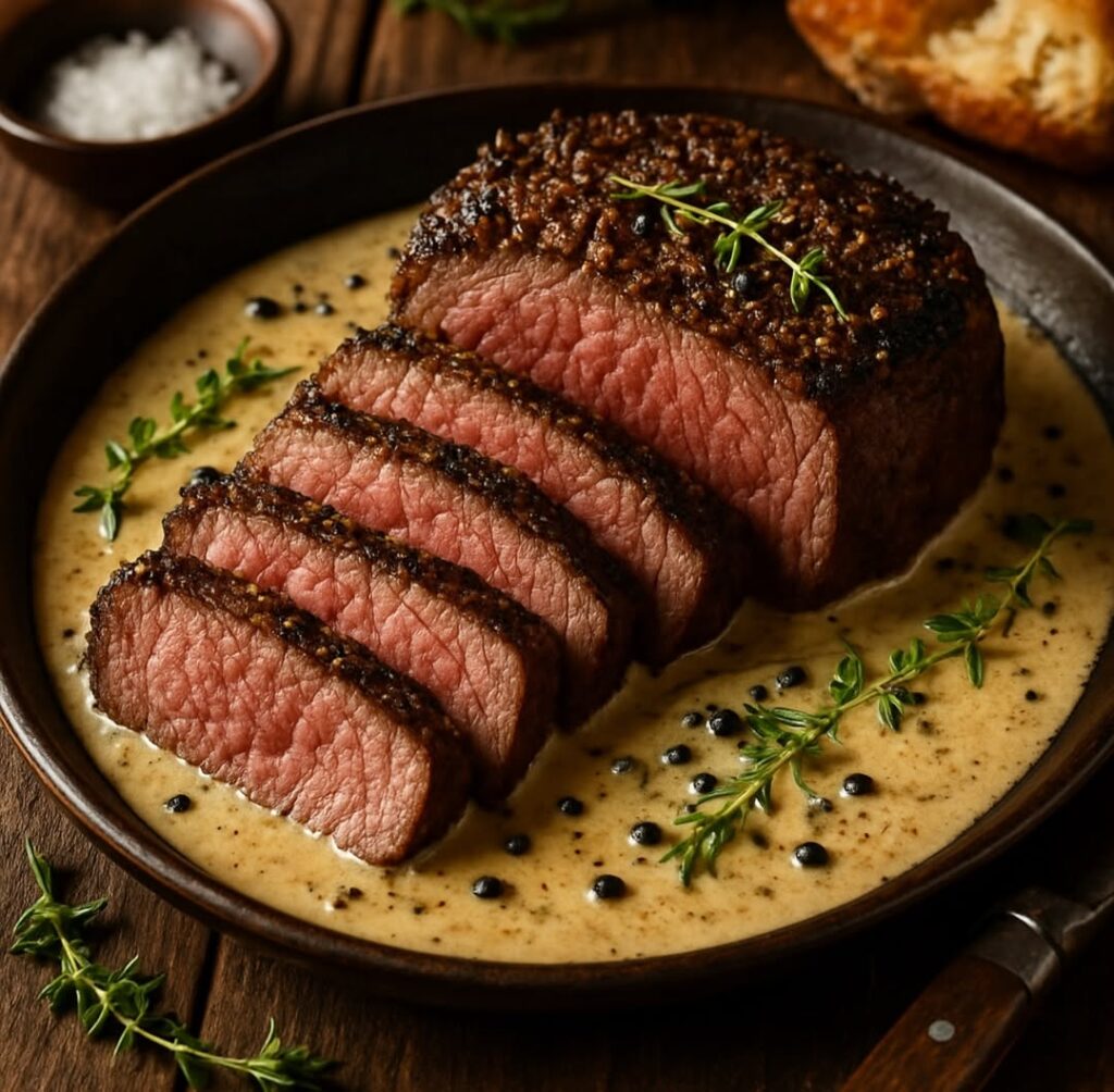Peppercorn Crusted Sirloin With Brandy Sauce