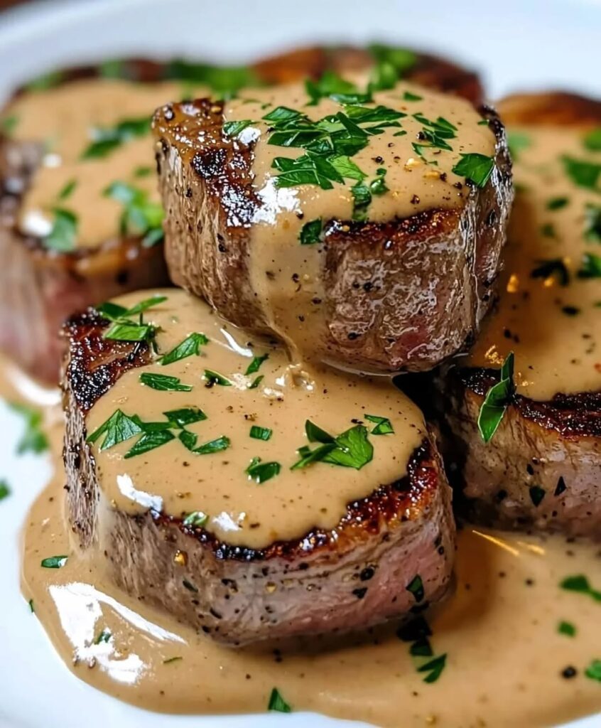 Sirloin With Creamy Peppercorn Mushroom Sauce