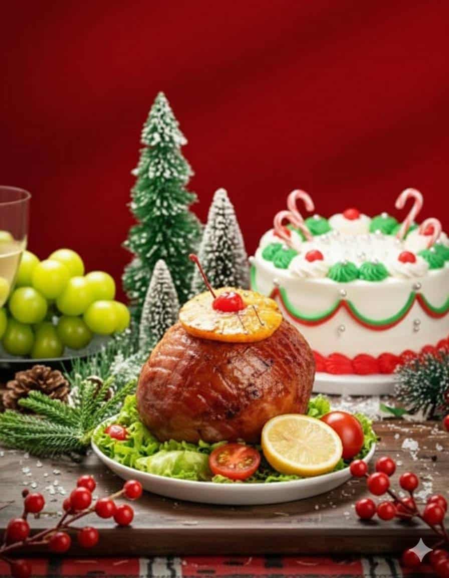 smoked christmas ham with holiday foods on display