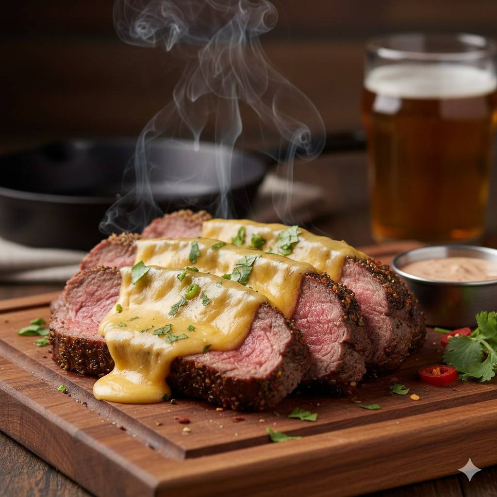 smoked sirloin with melted cheese