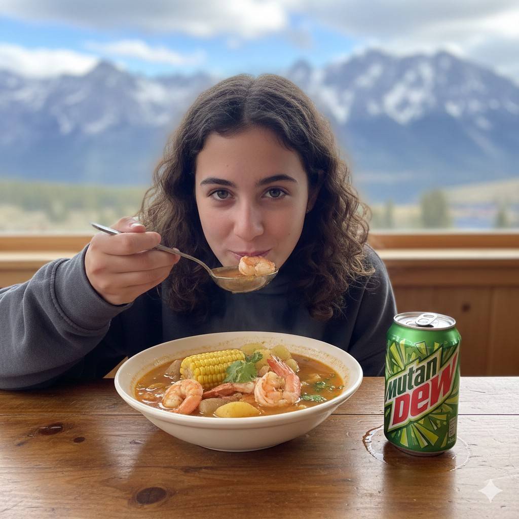 Comforting Creamy Shrimp Soup New Year Recipe For Winter Nights 2 Teen Girl Eating Shrimp Soup With A Mountain Dew Soda