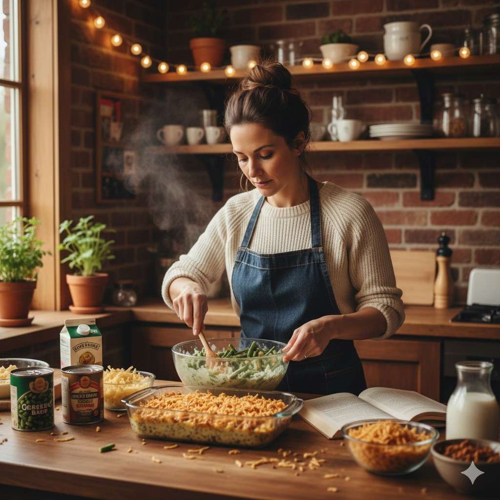 Woman Cooking Creamy Crispy Green Bean Casserole