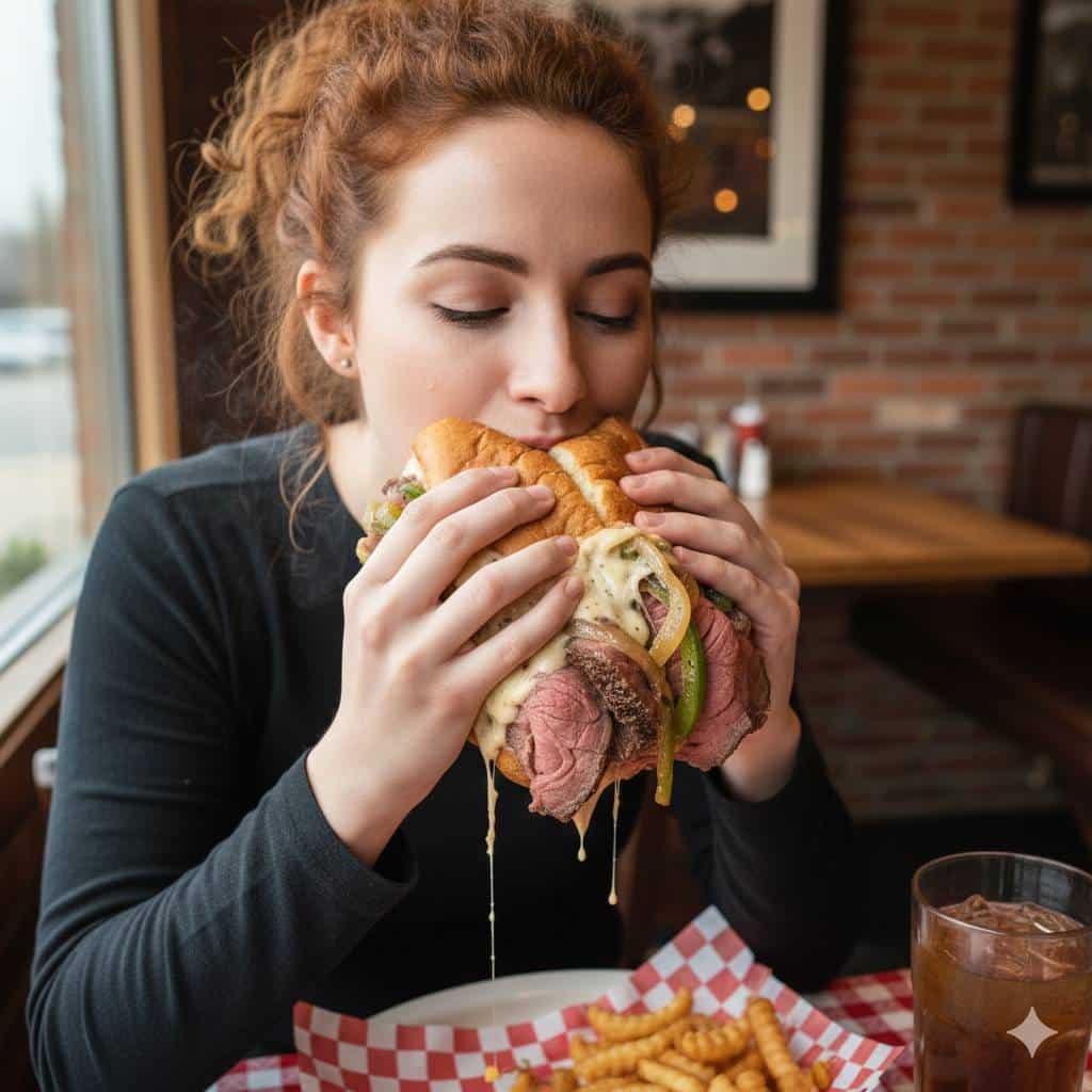 Woman Eating Prime Rib Philly Cheesesteak