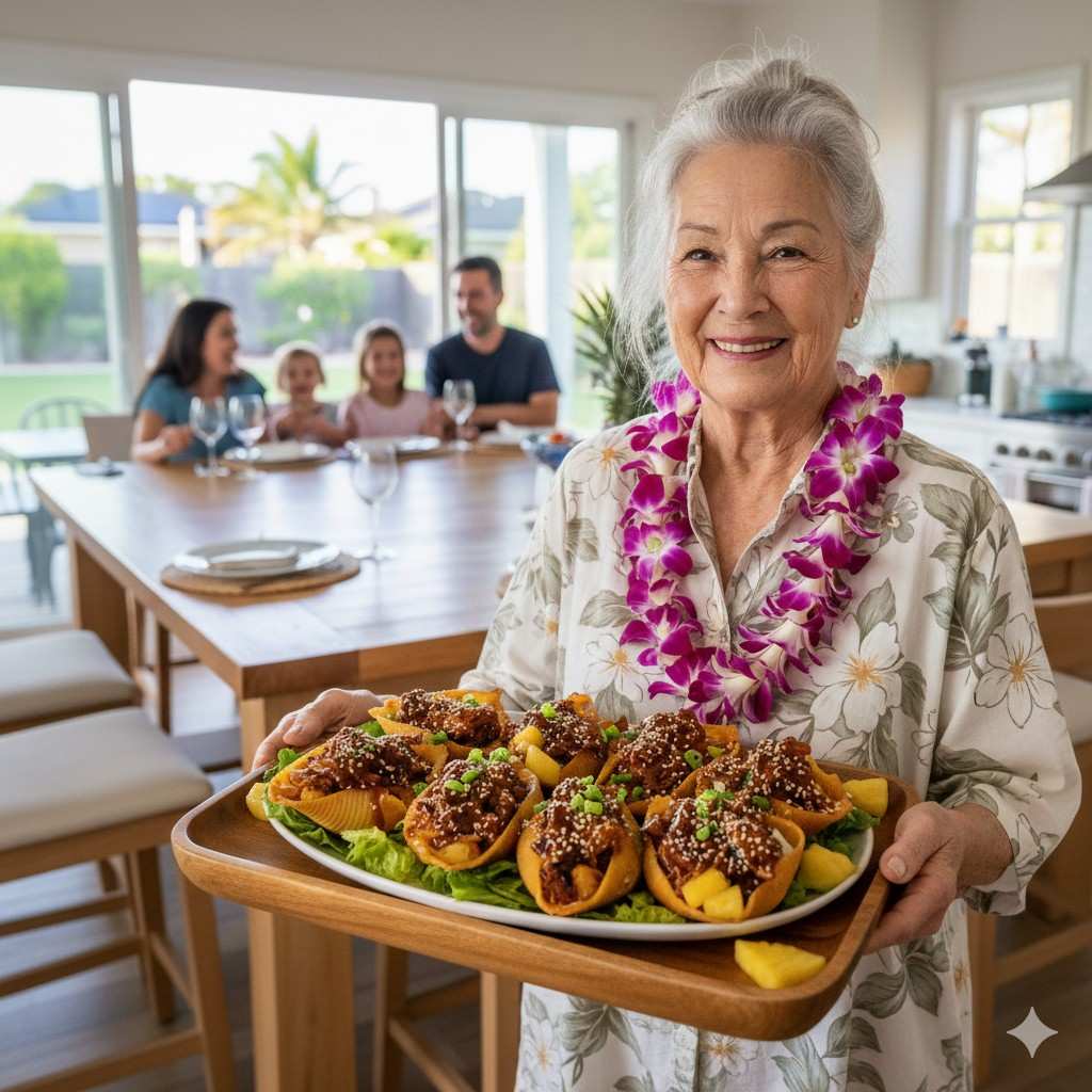 A Grandma Presenting Hawaiian Bbq Chicken Shells