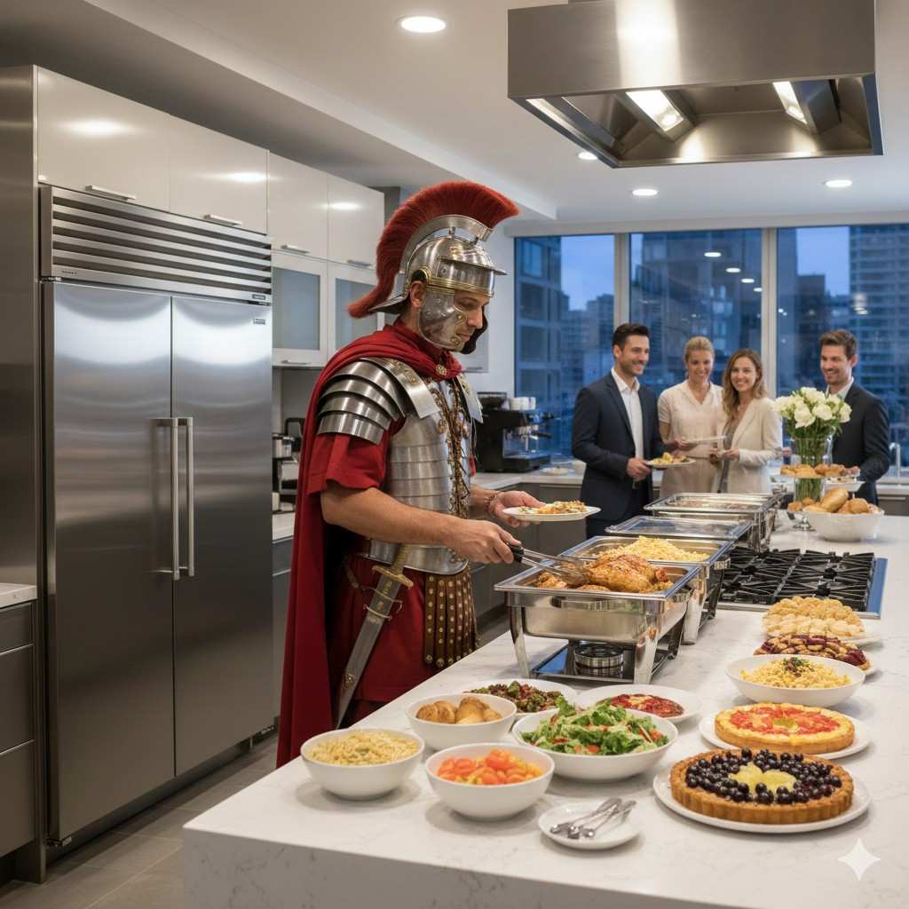 A Roman Centurion Picking Foods From A Buffet
