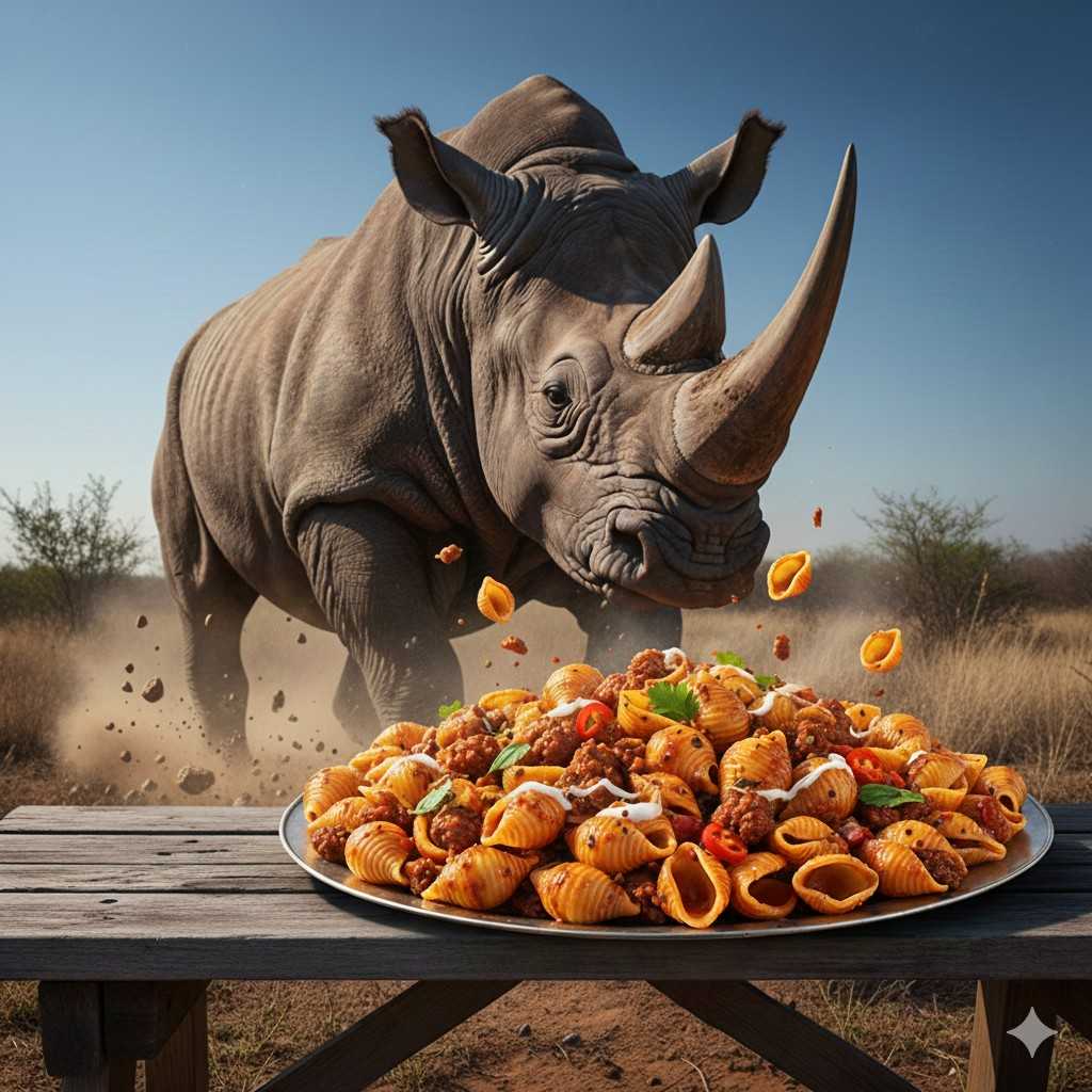 A Wild Rhinoceros Charging Towards A Bowl Of Spicy Sausage Bbq Shells