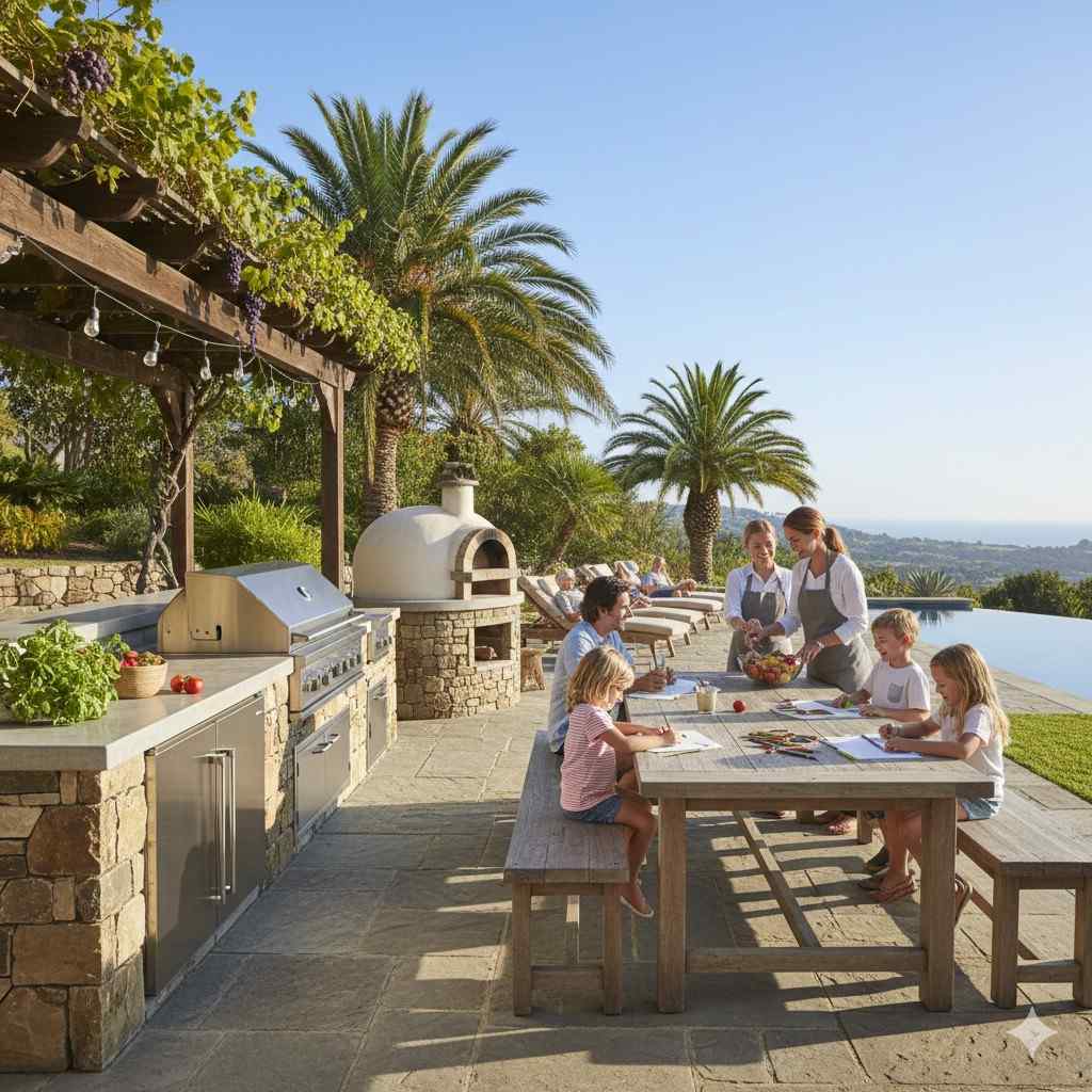 Adults And Children Relax On An Outdoor Kitchen