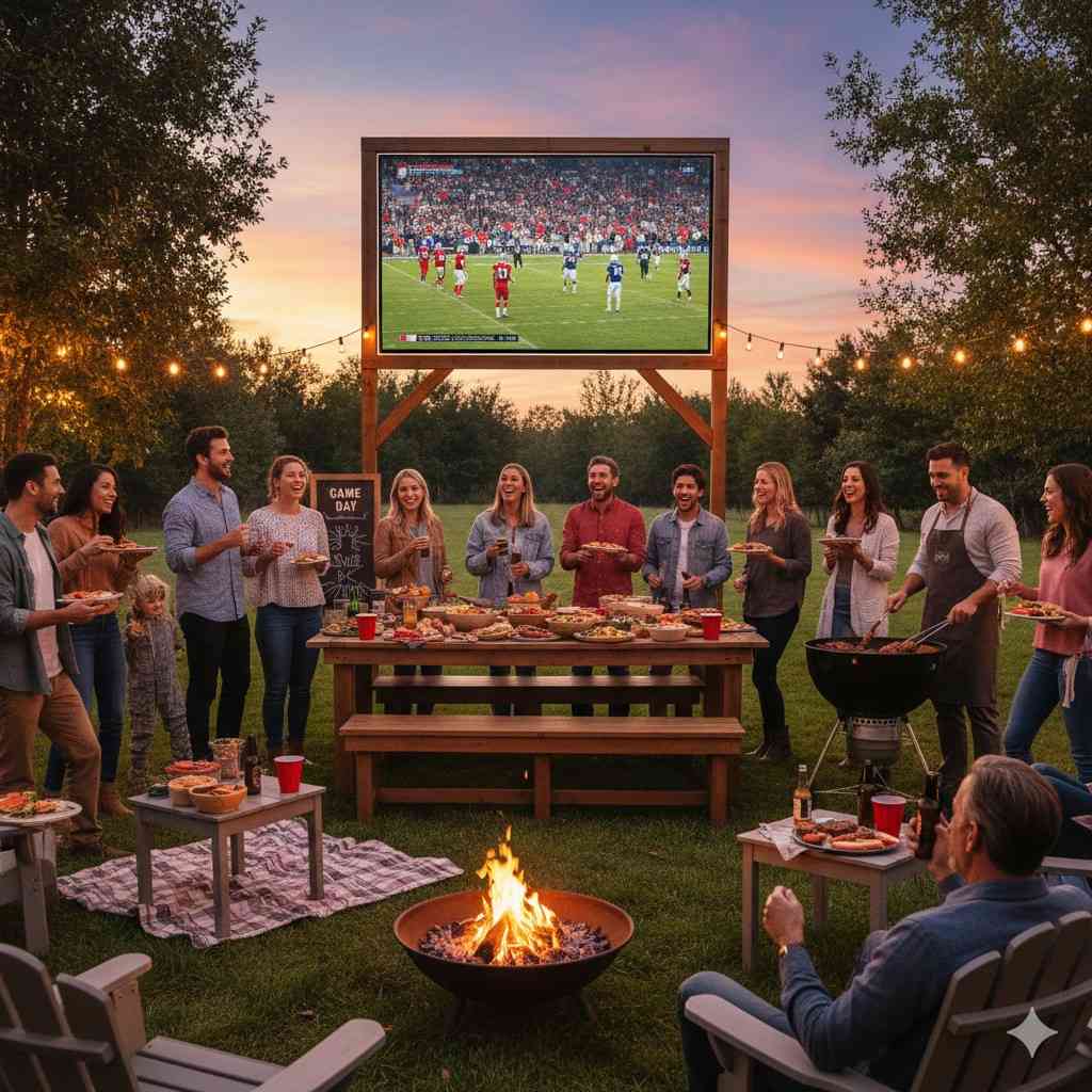 How To Organize A Backyard Bbq Fundraiser Or Block Party 5 Backyard Bbq Party With A Huge Flat Tv Showing A Football Game