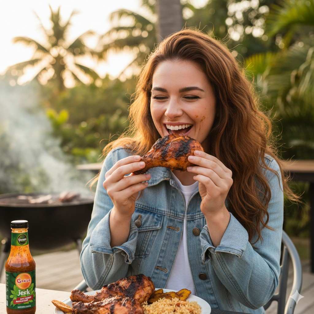 Beautiful Young Girl Eating Jamaican Jerk Bbq